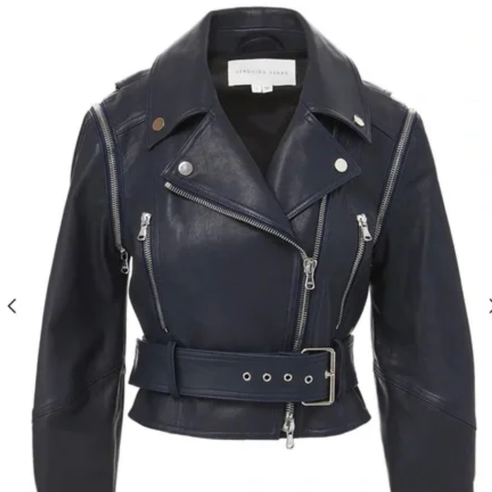 Veronica Beard Jylan Leather Moto Jacket & Vest combo/ Navy w/silver zipp size 4 - Picture 2 of 11